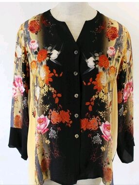 Citron Art To Wear Button Down Flowers & Birds Print Blouse